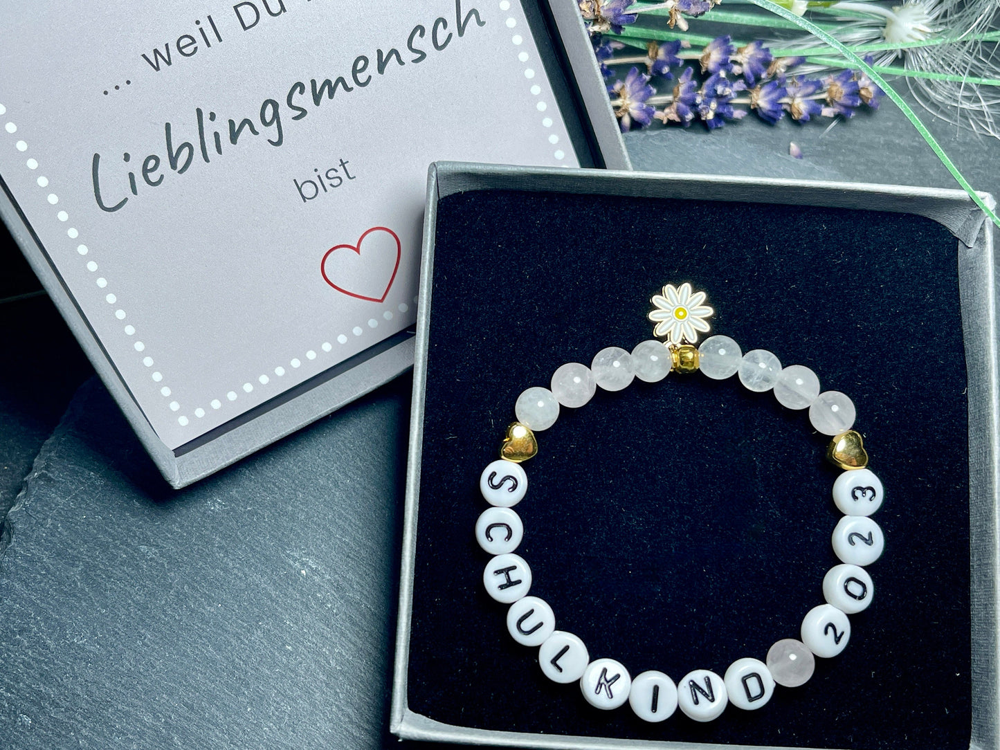 Perlenarmband Schulkind Rosenquarz Gold - Glücksbringer Armband erster Schultag Mädchen Einschulung - viele Edelsteine - personalisierbar
