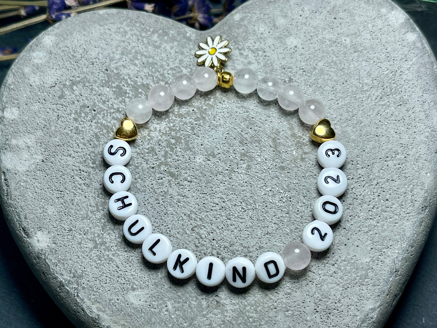 Perlenarmband Schulkind Rosenquarz Gold - Glücksbringer Armband erster Schultag Mädchen Einschulung - viele Edelsteine - personalisierbar