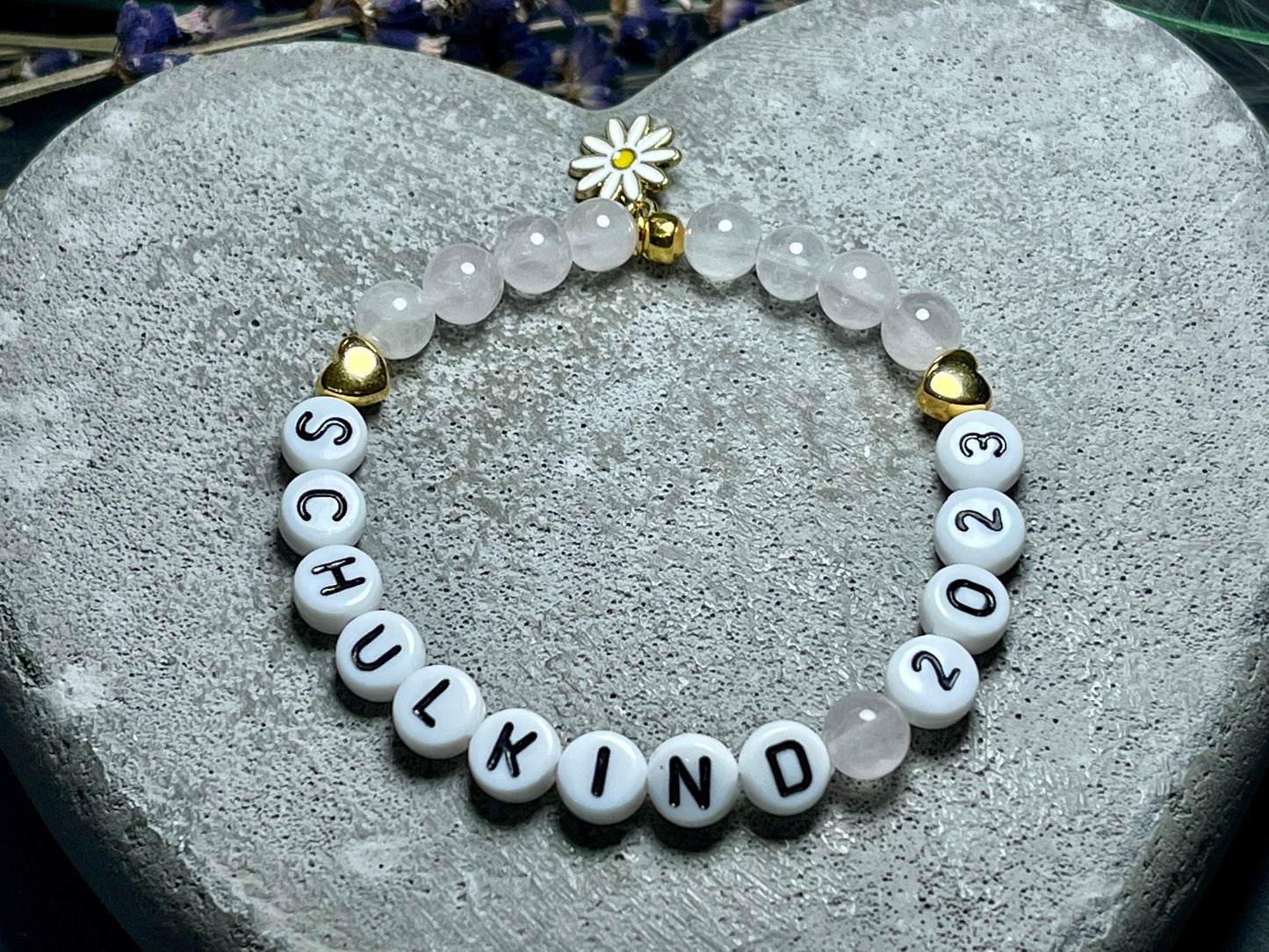 Perlenarmband Schulkind Rosenquarz Gold - Glücksbringer Armband erster Schultag Mädchen Einschulung - viele Edelsteine - personalisierbar
