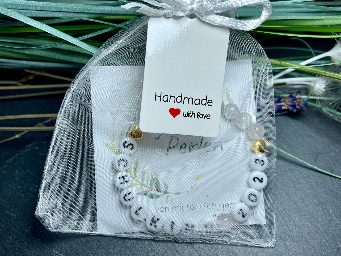 Perlenarmband Schulkind Rosenquarz Gold - Glücksbringer Armband erster Schultag Mädchen Einschulung - viele Edelsteine - personalisierbar