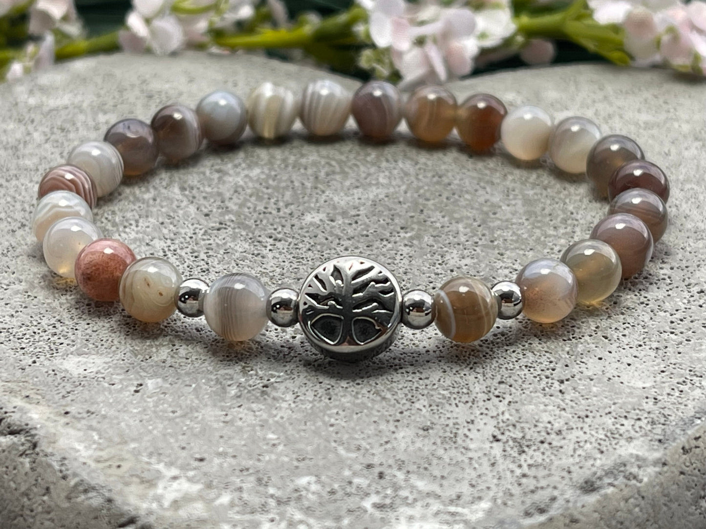 Armband Botswana Achat Lebensbaum Edelstahl Silber oder Gold - Perlenarmband für Kraft Optimismus Willenskraft - Spiritueller Schmuck
