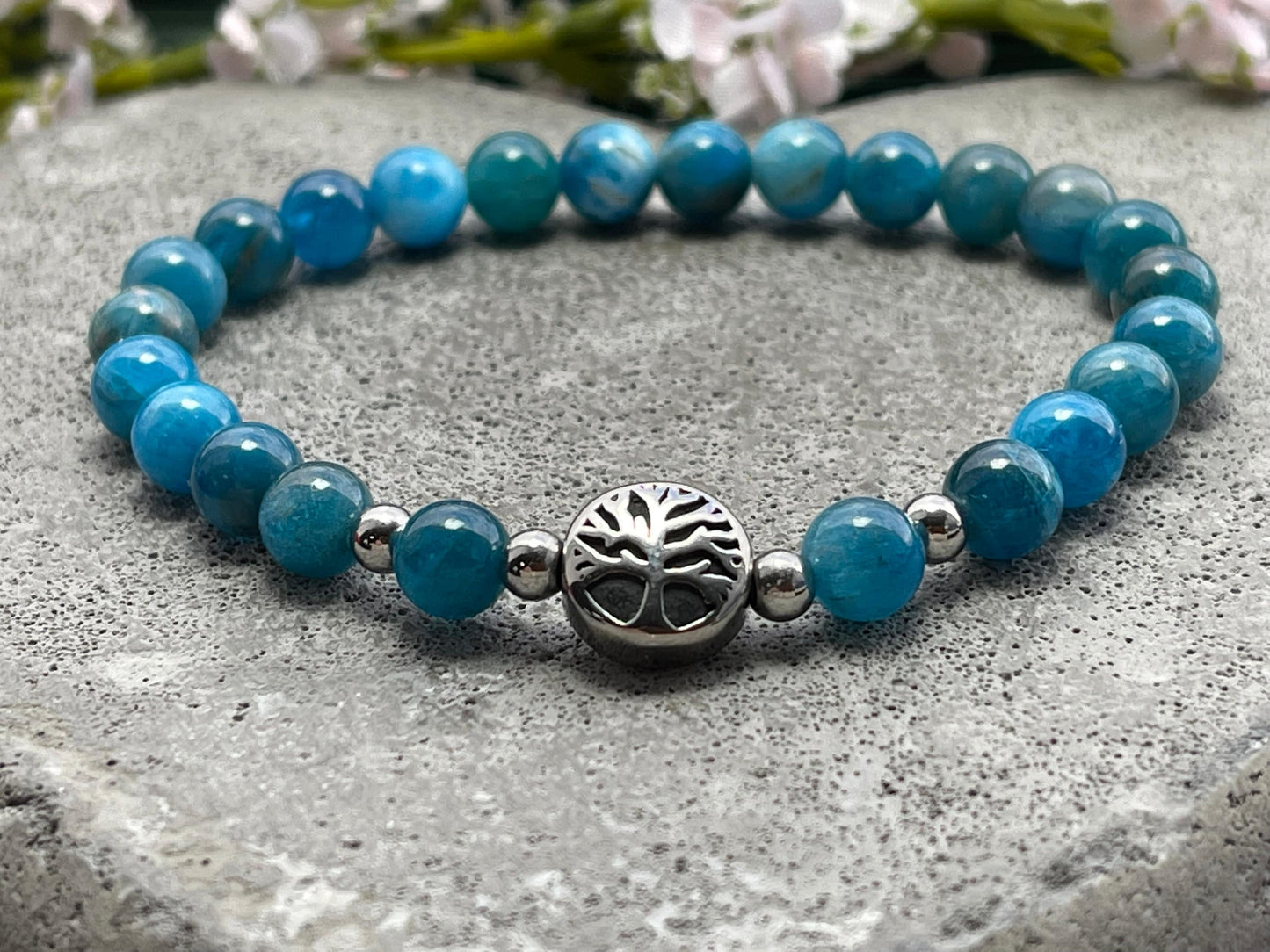 Armband Apatit Lebensbaum Edelstahl Silber oder Gold - Perlenarmband für Offenheit Kontaktfreude Lebendigkeit - Spiritueller Schmuck