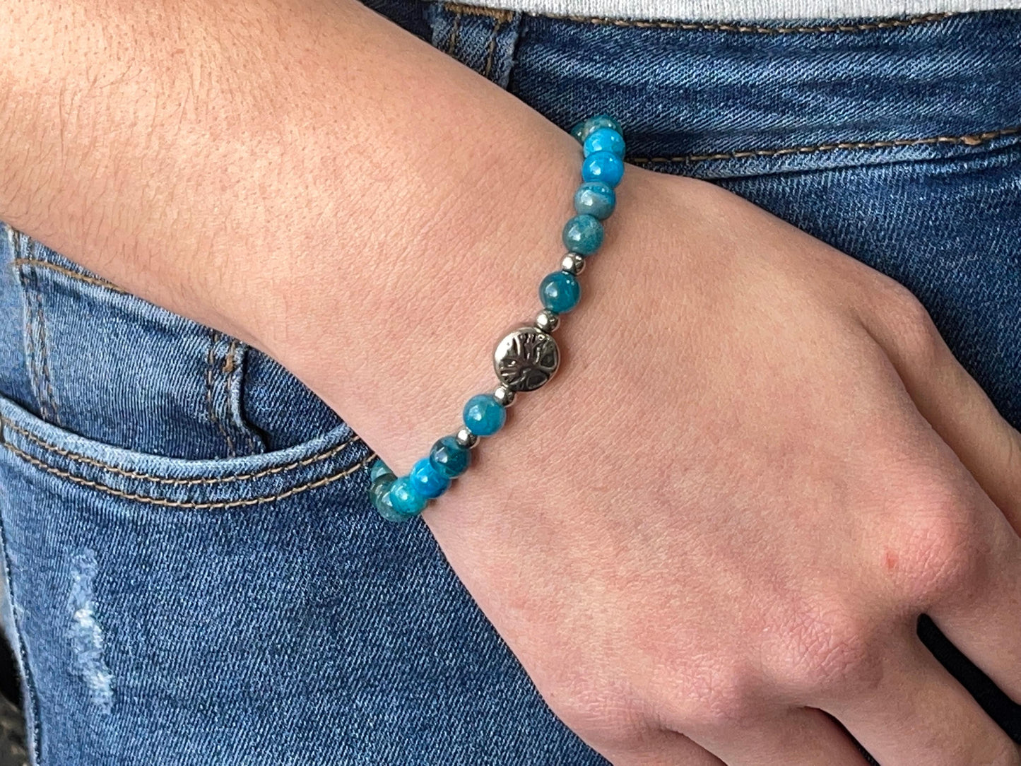 Armband Apatit Lebensbaum Edelstahl Silber oder Gold - Perlenarmband für Offenheit Kontaktfreude Lebendigkeit - Spiritueller Schmuck