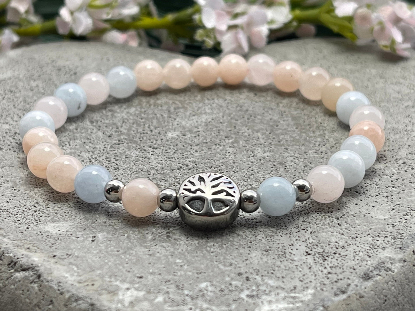 Armband Morganit Lebensbaum Edelstahl Silber oder Gold - Perlenarmband für Gelassenheit mentale Ruhe Vertrauen - Spiritueller Schmuck
