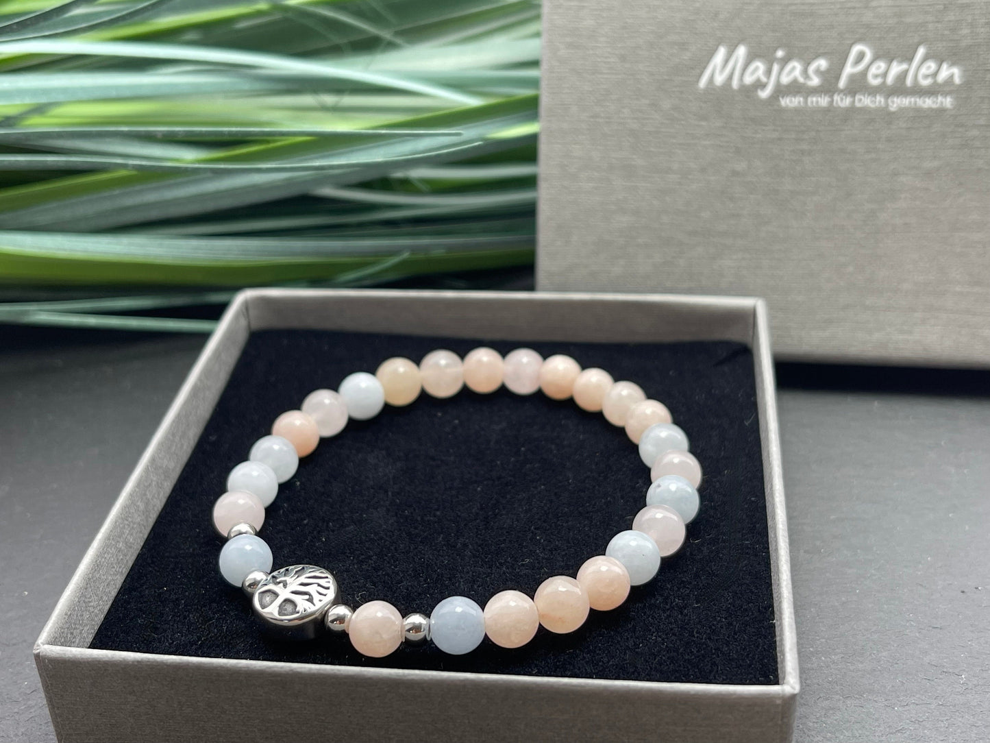 Armband Morganit Lebensbaum Edelstahl Silber oder Gold - Perlenarmband für Gelassenheit mentale Ruhe Vertrauen - Spiritueller Schmuck
