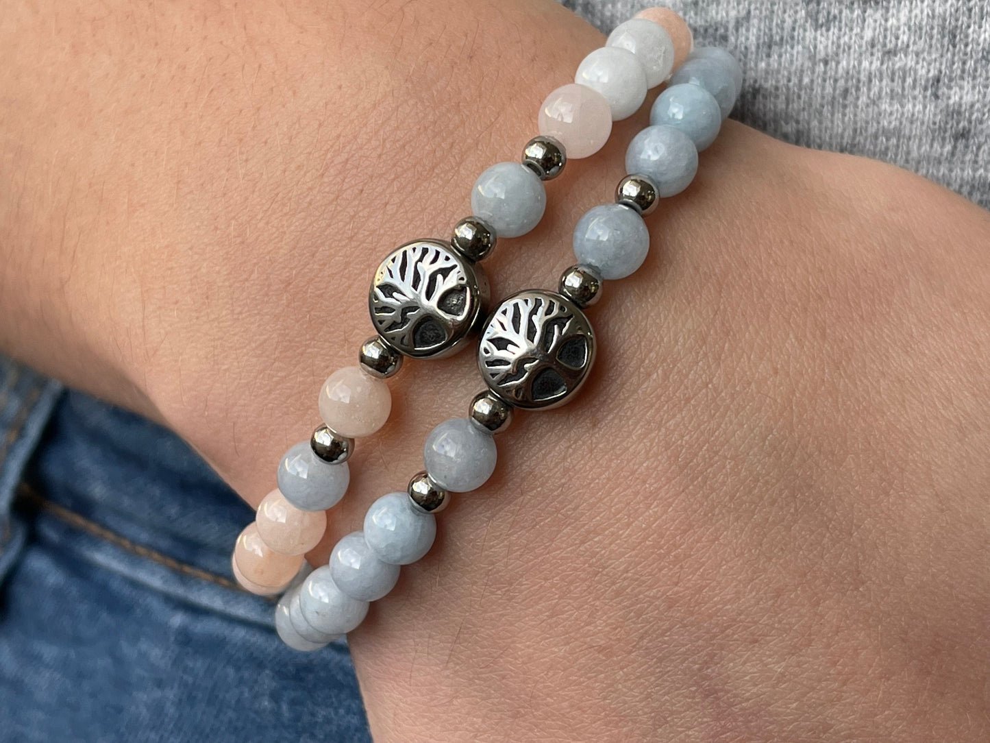Armband Morganit Lebensbaum Edelstahl Silber oder Gold - Perlenarmband für Gelassenheit mentale Ruhe Vertrauen - Spiritueller Schmuck