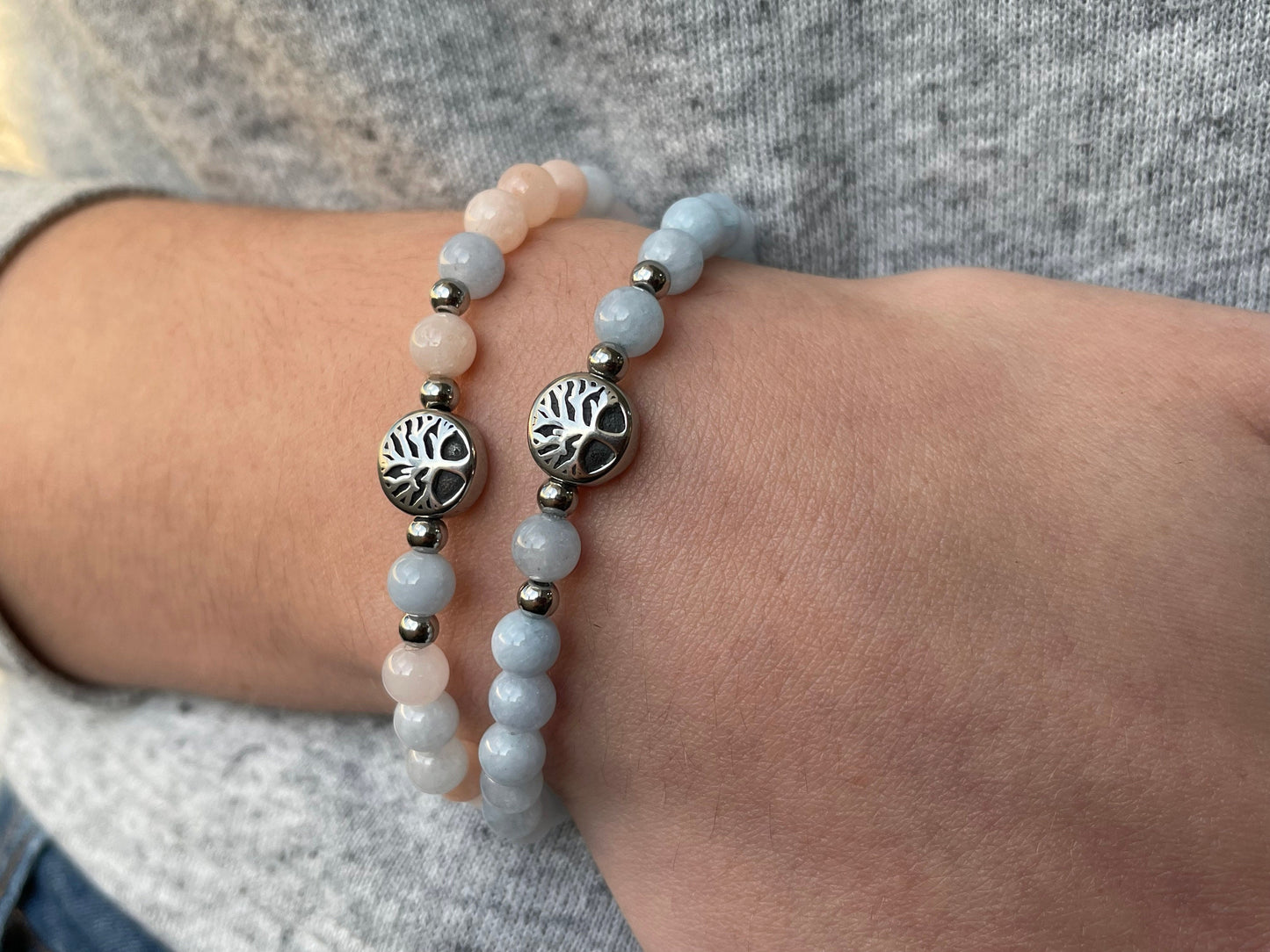 Armband Morganit Lebensbaum Edelstahl Silber oder Gold - Perlenarmband für Gelassenheit mentale Ruhe Vertrauen - Spiritueller Schmuck