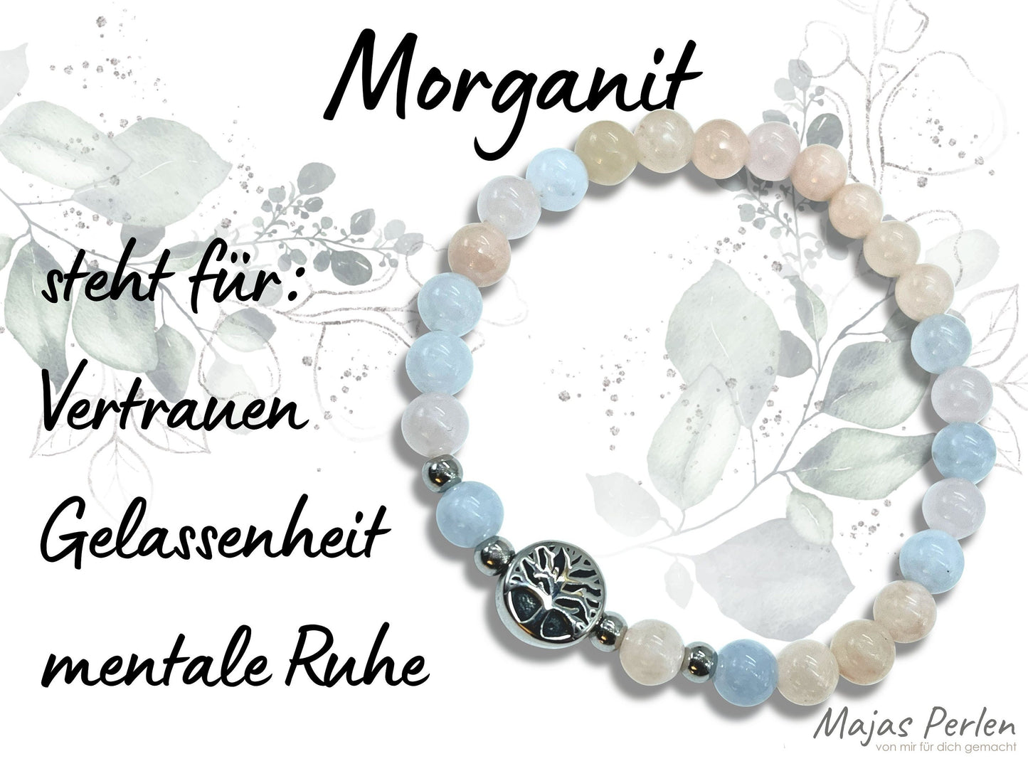 Armband Morganit Lebensbaum Edelstahl Silber oder Gold - Perlenarmband für Gelassenheit mentale Ruhe Vertrauen - Spiritueller Schmuck