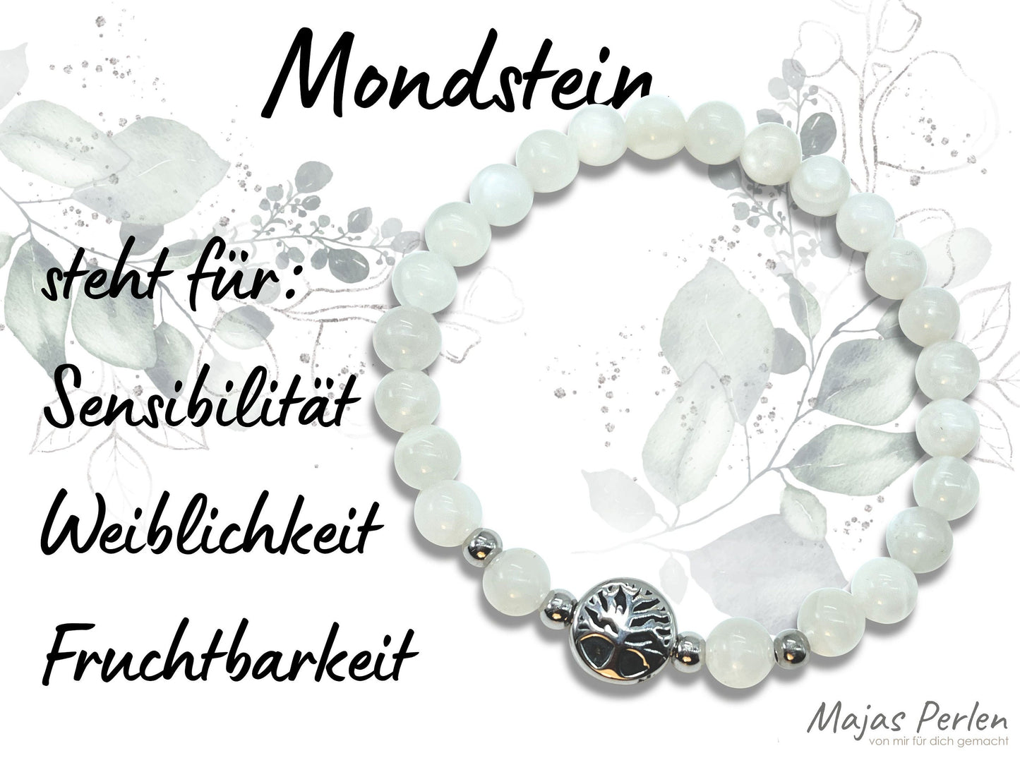 Armband Mondstein Lebensbaum Edelstahl Silber oder Gold - Perlenarmband für Sensibilität Fruchtbarkeit Weiblichkeit - Spiritueller Schmuck