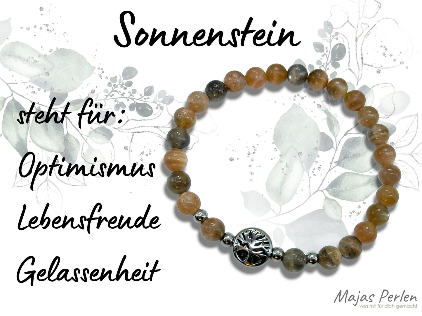 Armband Sonnenstein Lebensbaum Edelstahl Silber oder Gold - Perlenarmband für Optimismus Lebensfreude Gelassenheit - Spiritueller Schmuck