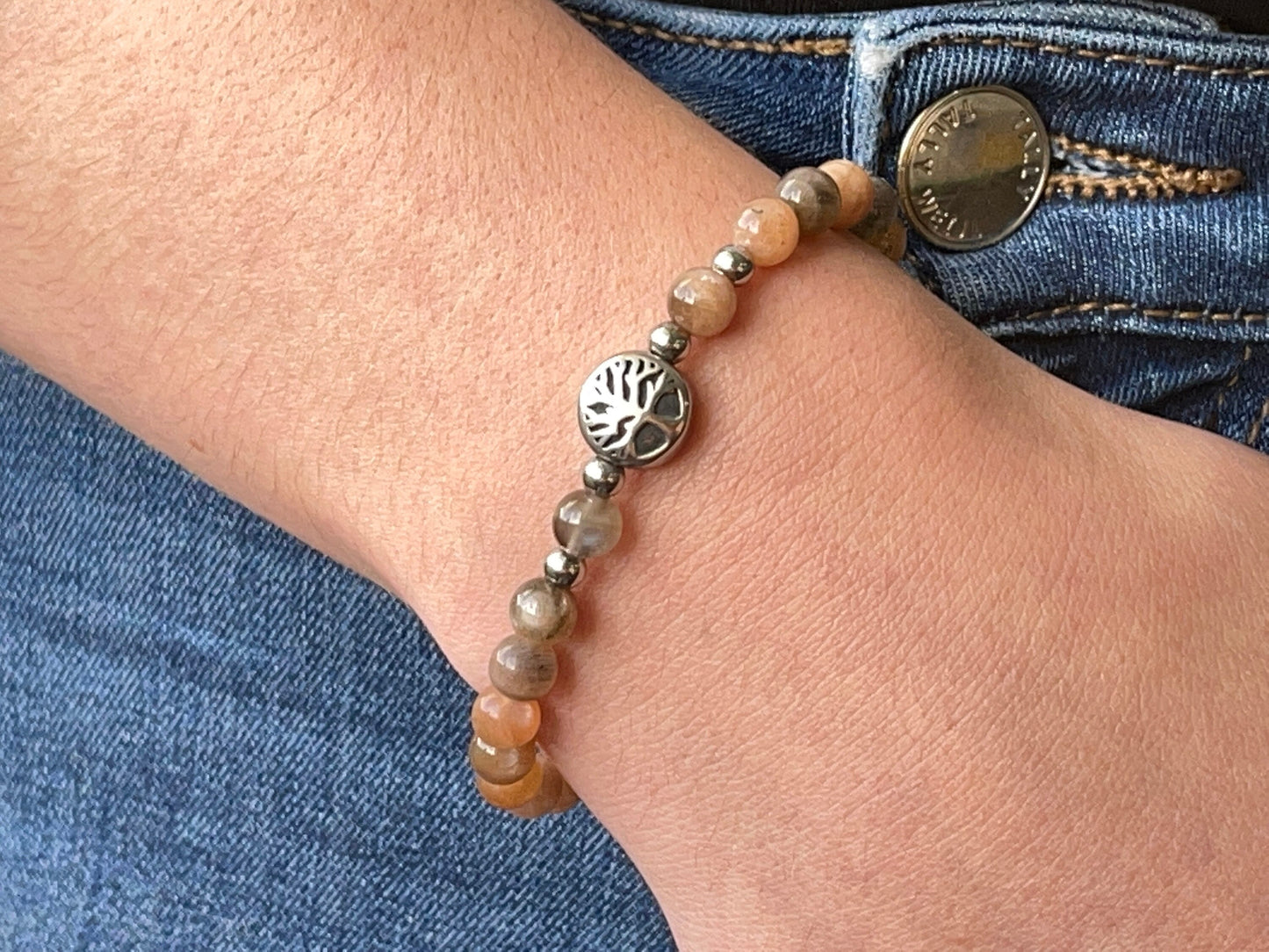 Armband Sonnenstein Lebensbaum Edelstahl Silber oder Gold - Perlenarmband für Optimismus Lebensfreude Gelassenheit - Spiritueller Schmuck