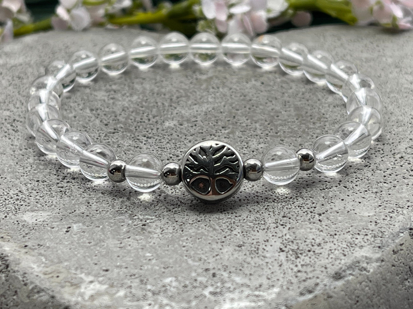 Armband Bergkristall Lebensbaum Edelstahl Silber oder Gold - Perlenarmband für Reinheit Bewustsein Klarheit - Spiritueller Schmuck unisex