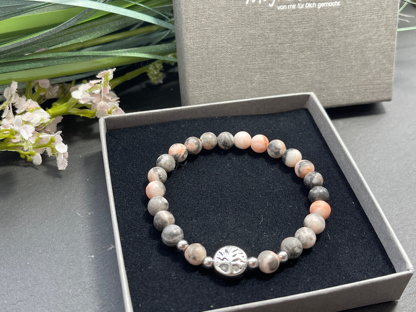 Armband Zebra Jaspis Lebensbaum Edelstahl Silber oder Gold - Perlenarmband für innere Ruhe Ausdauer Optimismus- Spiritueller Schmuck unisex
