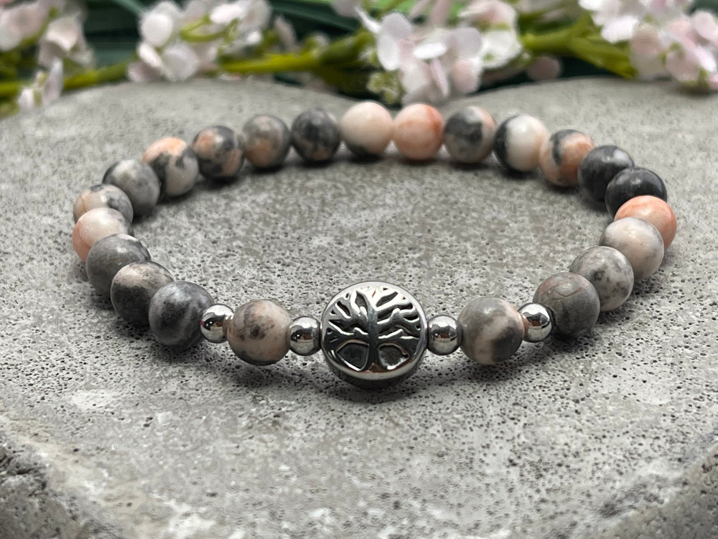 Armband Zebra Jaspis Lebensbaum Edelstahl Silber oder Gold - Perlenarmband für innere Ruhe Ausdauer Optimismus- Spiritueller Schmuck unisex