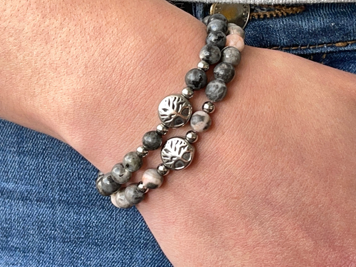 Armband Zebra Jaspis Lebensbaum Edelstahl Silber oder Gold - Perlenarmband für innere Ruhe Ausdauer Optimismus- Spiritueller Schmuck unisex