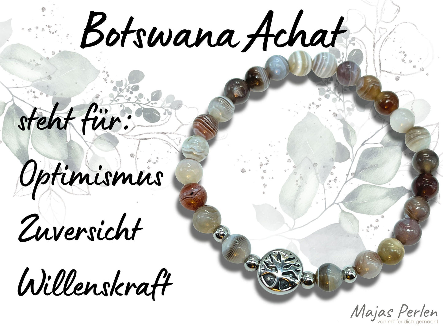 Armband Botswana Achat Lebensbaum Edelstahl Silber oder Gold - Perlenarmband für Kraft Optimismus Willenskraft - Spiritueller Schmuck