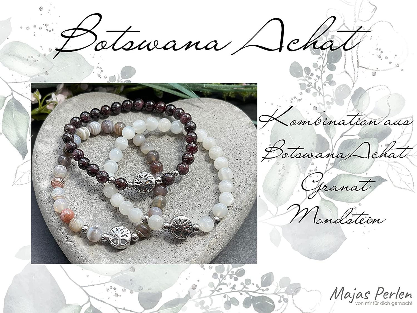 Armband Botswana Achat Lebensbaum Edelstahl Silber oder Gold - Perlenarmband für Kraft Optimismus Willenskraft - Spiritueller Schmuck