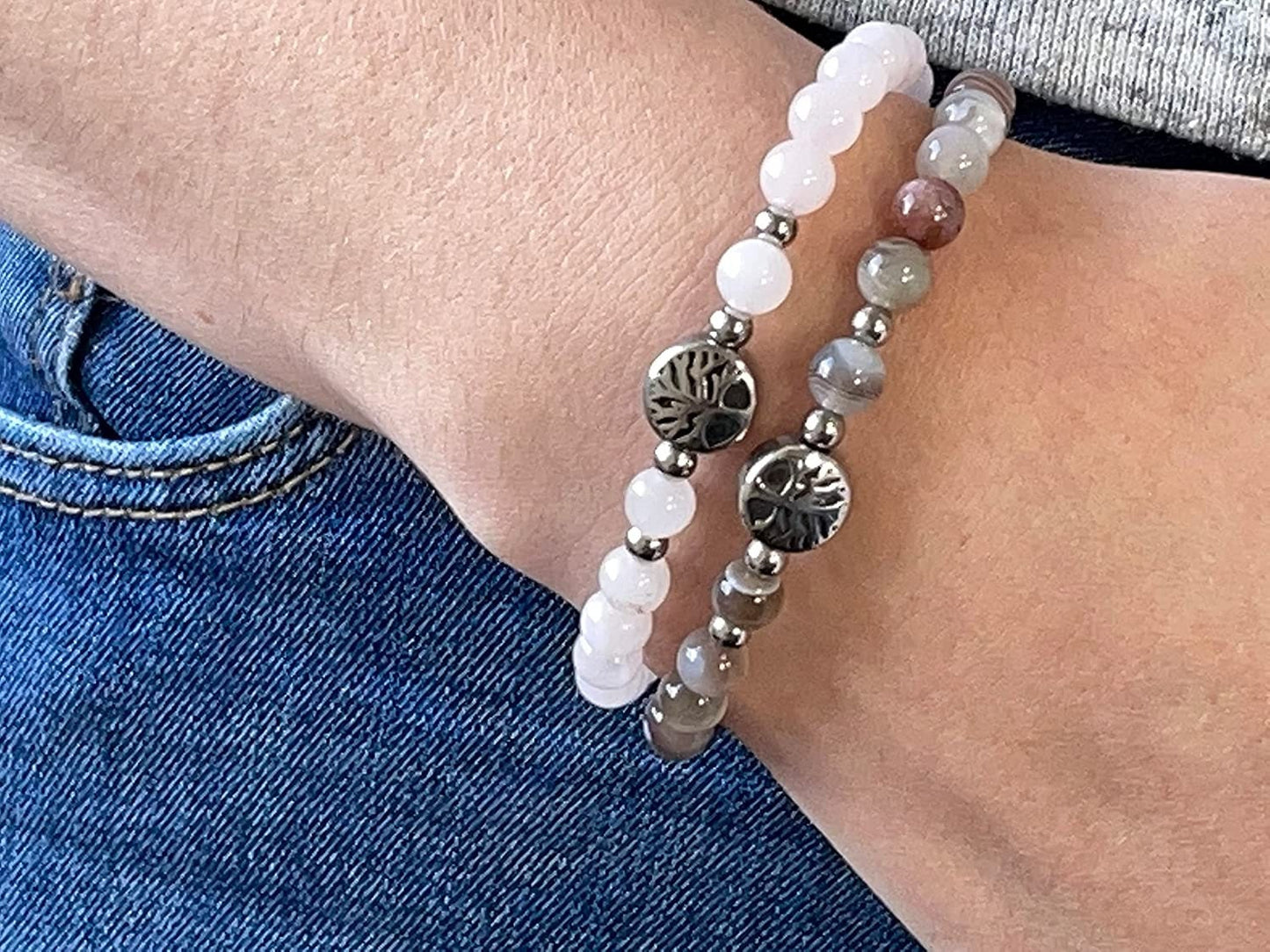 Armband Botswana Achat Lebensbaum Edelstahl Silber oder Gold - Perlenarmband für Kraft Optimismus Willenskraft - Spiritueller Schmuck