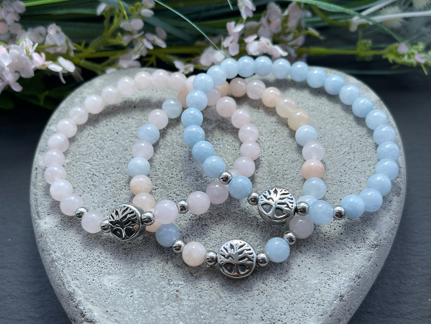 Armband Morganit Lebensbaum Edelstahl Silber oder Gold - Perlenarmband für Gelassenheit mentale Ruhe Vertrauen - Spiritueller Schmuck