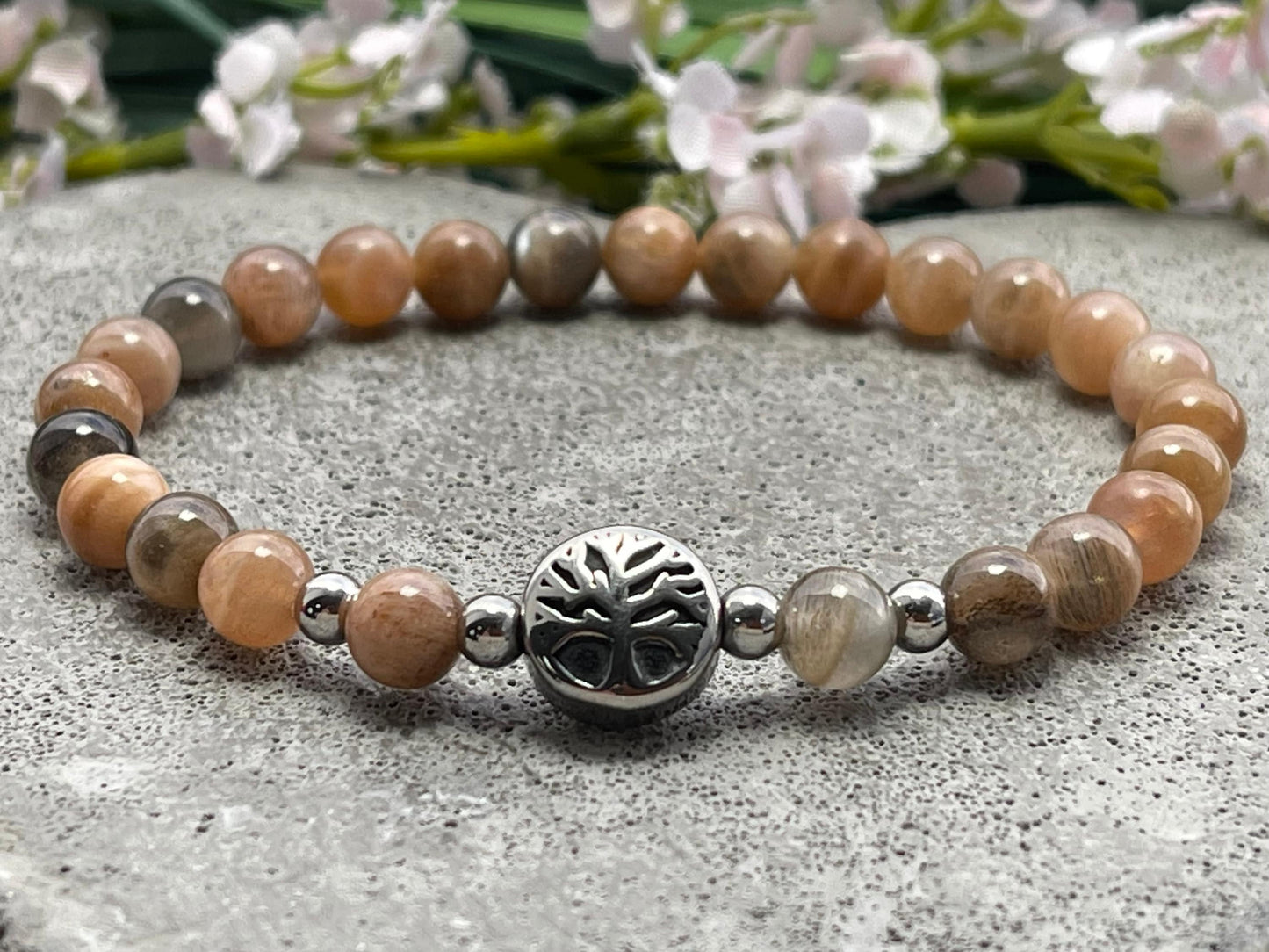 Armband Sonnenstein Lebensbaum Edelstahl Silber oder Gold - Perlenarmband für Optimismus Lebensfreude Gelassenheit - Spiritueller Schmuck