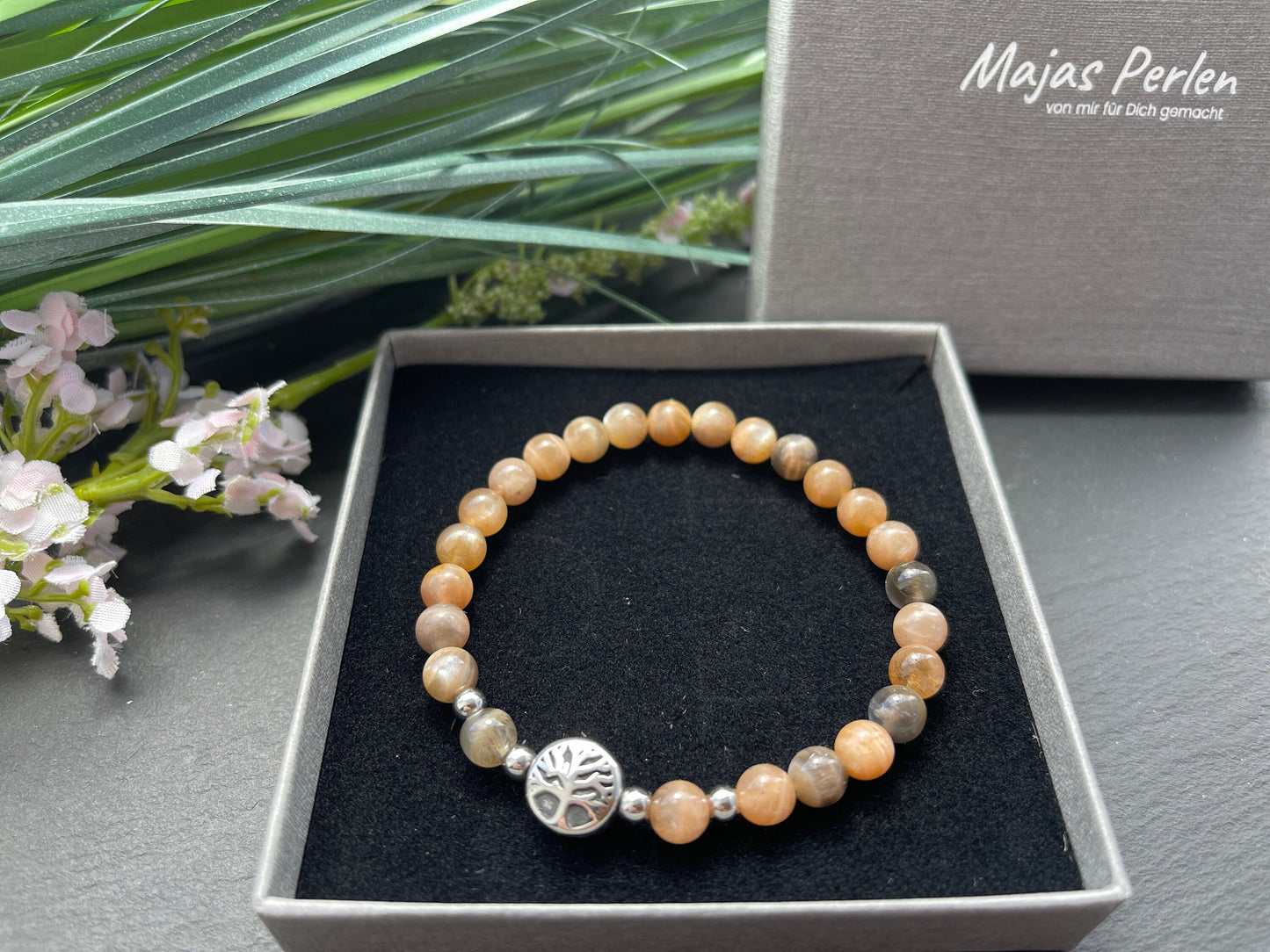 Armband Sonnenstein Lebensbaum Edelstahl Silber oder Gold - Perlenarmband für Optimismus Lebensfreude Gelassenheit - Spiritueller Schmuck