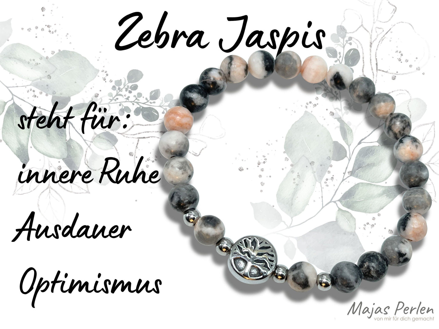 Armband Zebra Jaspis Lebensbaum Edelstahl Silber oder Gold - Perlenarmband für innere Ruhe Ausdauer Optimismus- Spiritueller Schmuck unisex