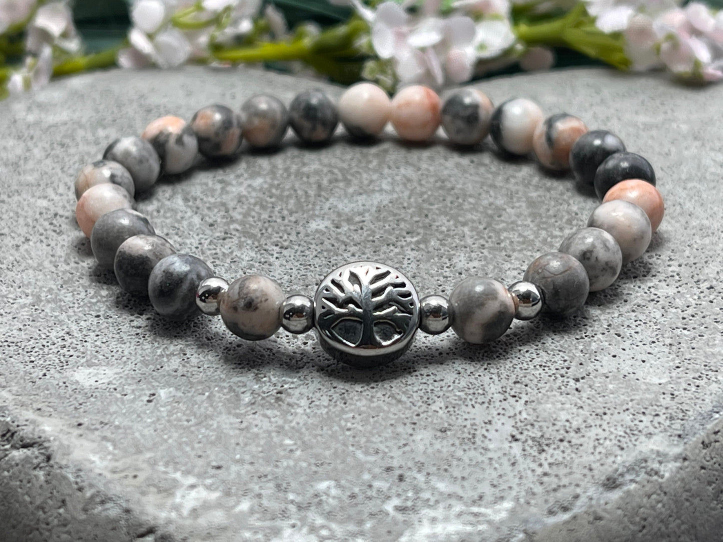 Armband Zebra Jaspis Lebensbaum Edelstahl Silber oder Gold - Perlenarmband für innere Ruhe Ausdauer Optimismus- Spiritueller Schmuck unisex
