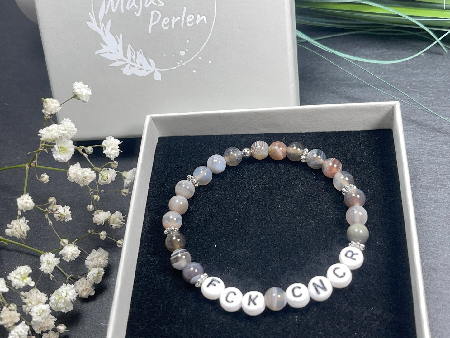 Armband Fuck Cancer Labradorit Herz echt Platiniert - Krebs sucks Brustkrebs Geschenk Glücksbringer Aufmunterung Genesung