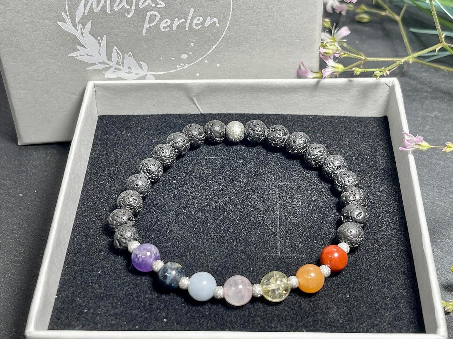 Armband Chakra Diffusor - Amethyst Dumortierit Aquamarin Rosenquarz Citrin Aventurin Jaspis Lava 6mm Edelstahl silber - Spiritueller Schmuck