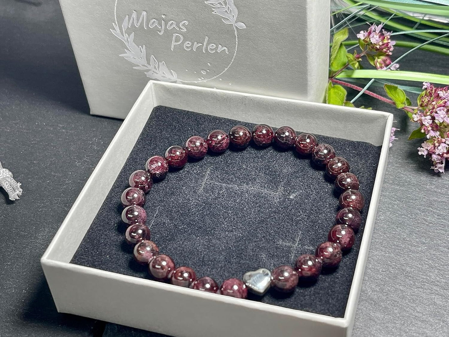 Granat Armband echt mit Perlen 8mm und Herzperle Edelstahl Silber Gold Roségold - Perlenarmband Fantasie Kreativität - Spiritueller Schmuck