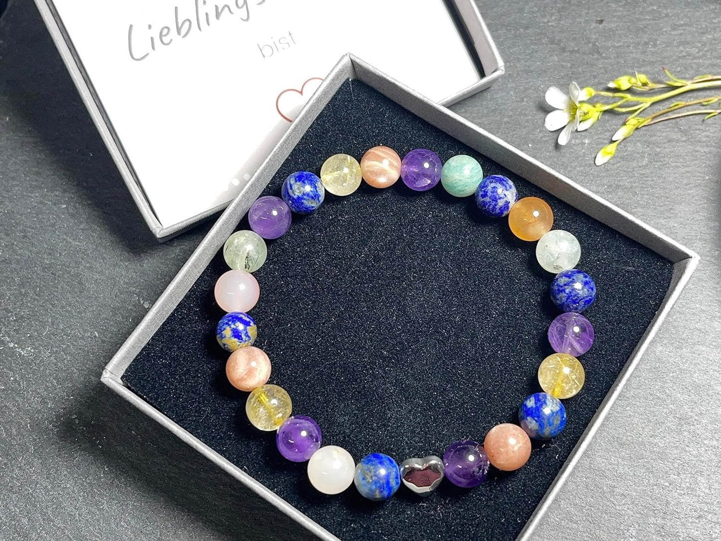 Chakra Armband echt Citrin Amethyst Prenith Sonnenstein Botswana Achat Amazonit Lapislazuli Perlen 8mm und Herzperle Edelstahl Silber Gold