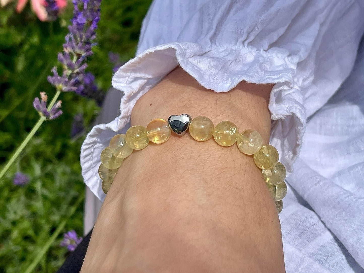Citrin Armband echt mit Perlen 8mm und Herzperle Edelstahl Silber Gold Roségold - Perlenarmband Bewusstsein Klarheit - spiritueller Schmuck