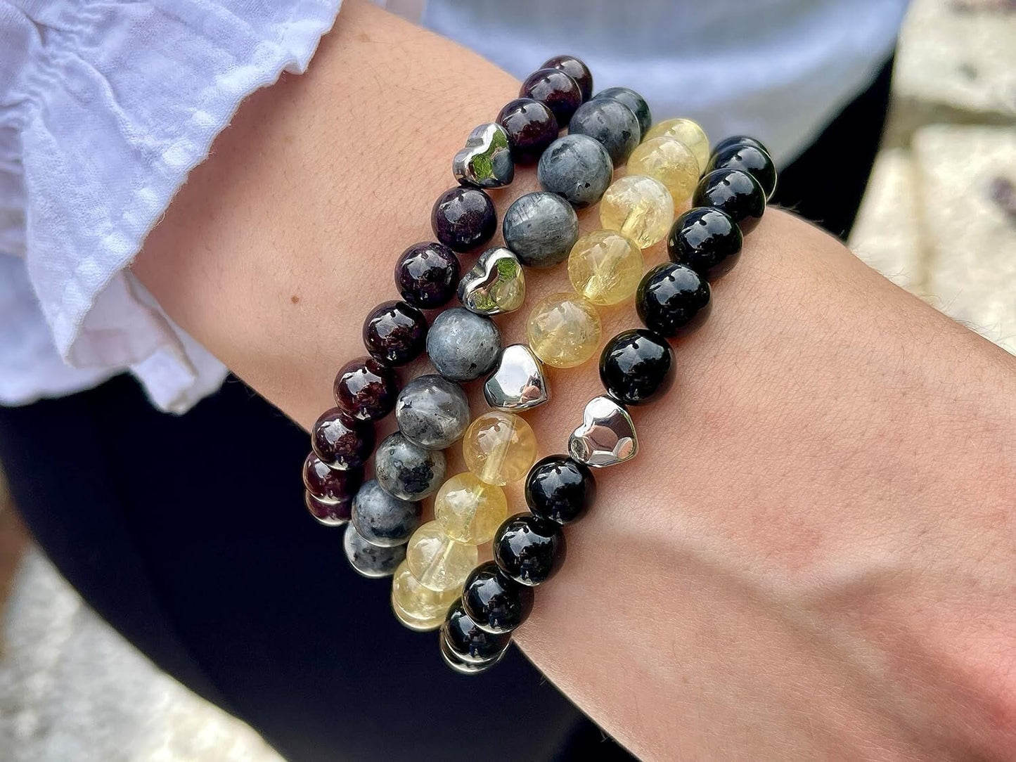 Citrin Armband echt mit Perlen 8mm und Herzperle Edelstahl Silber Gold Roségold - Perlenarmband Bewusstsein Klarheit - spiritueller Schmuck