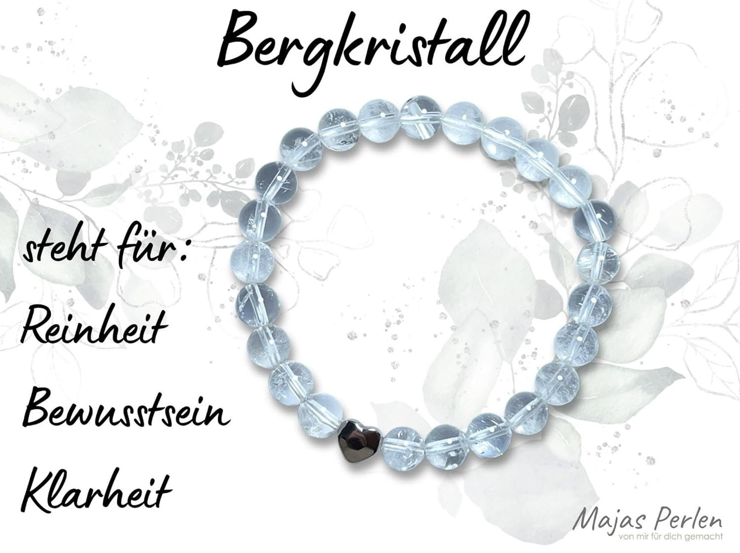 Bergkristall Armband echt mit Perlen 8mm und Herzperle Edelstahl Silber Gold Roségold - Perlenarmband Bewusstsein Klarheit