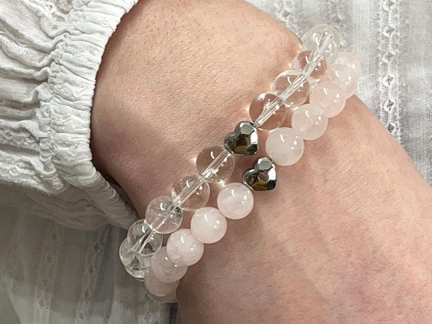 Bergkristall Armband echt mit Perlen 8mm und Herzperle Edelstahl Silber Gold Roségold - Perlenarmband Bewusstsein Klarheit