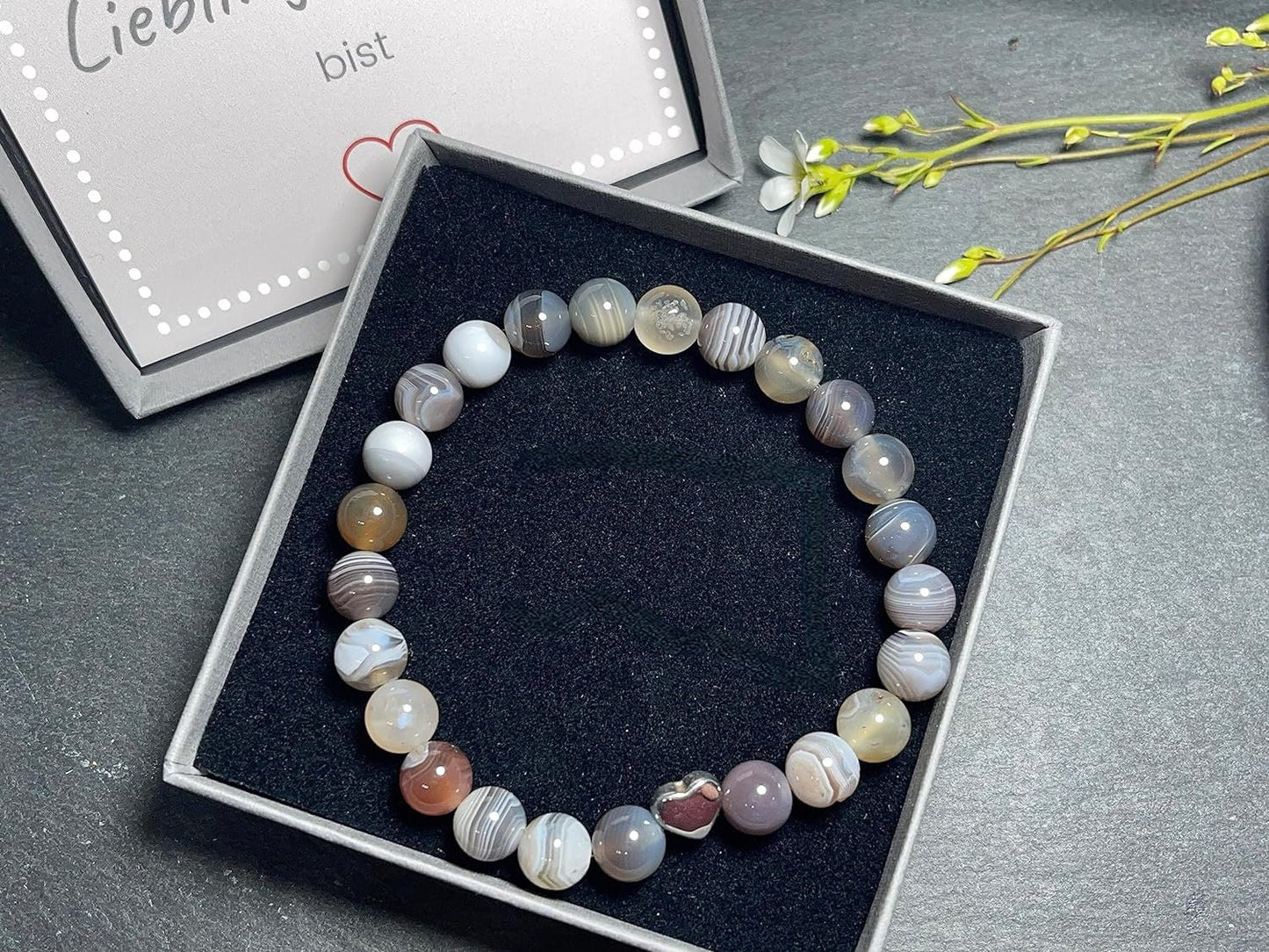 Botswana Achat Armband echt mit Perlen 8mm und Herzperle Edelstahl Silber Gold Roségold - Perlenarmband Optimismus Zuversicht Willenskraft