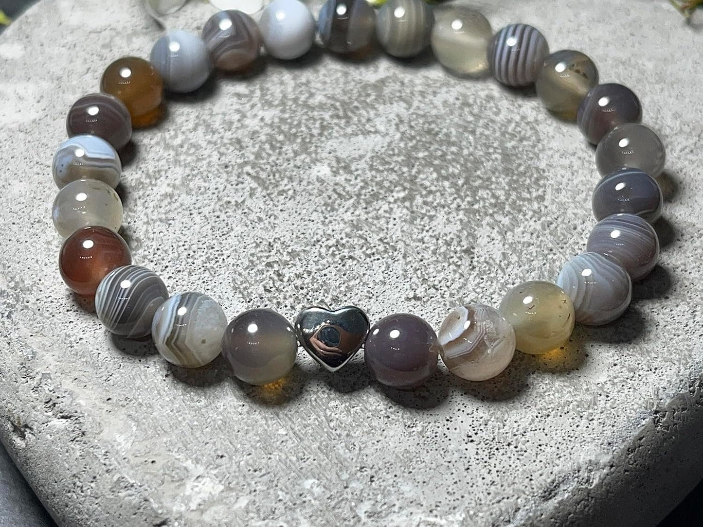 Botswana Achat Armband echt mit Perlen 8mm und Herzperle Edelstahl Silber Gold Roségold - Perlenarmband Optimismus Zuversicht Willenskraft