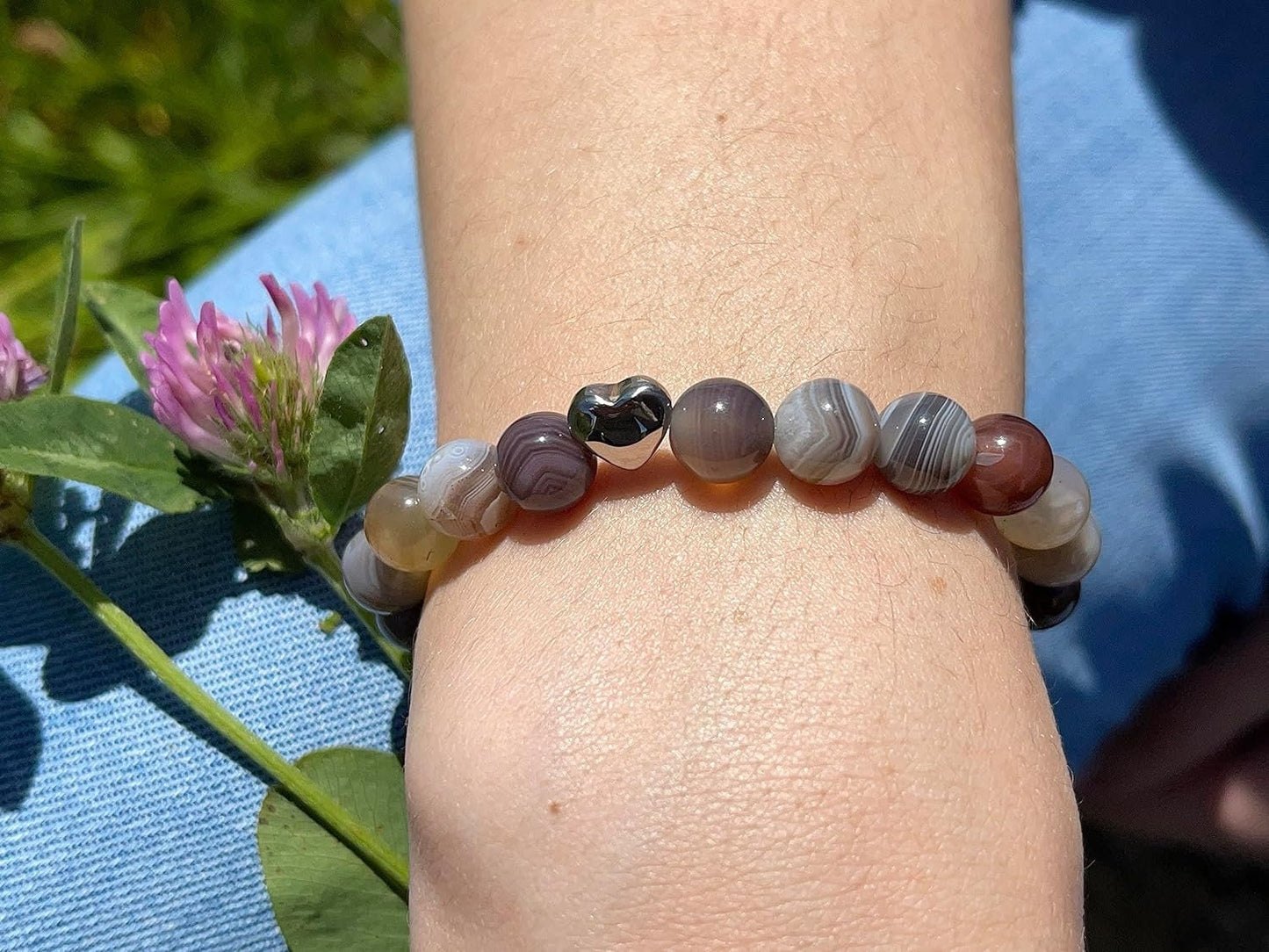 Botswana Achat Armband echt mit Perlen 8mm und Herzperle Edelstahl Silber Gold Roségold - Perlenarmband Optimismus Zuversicht Willenskraft