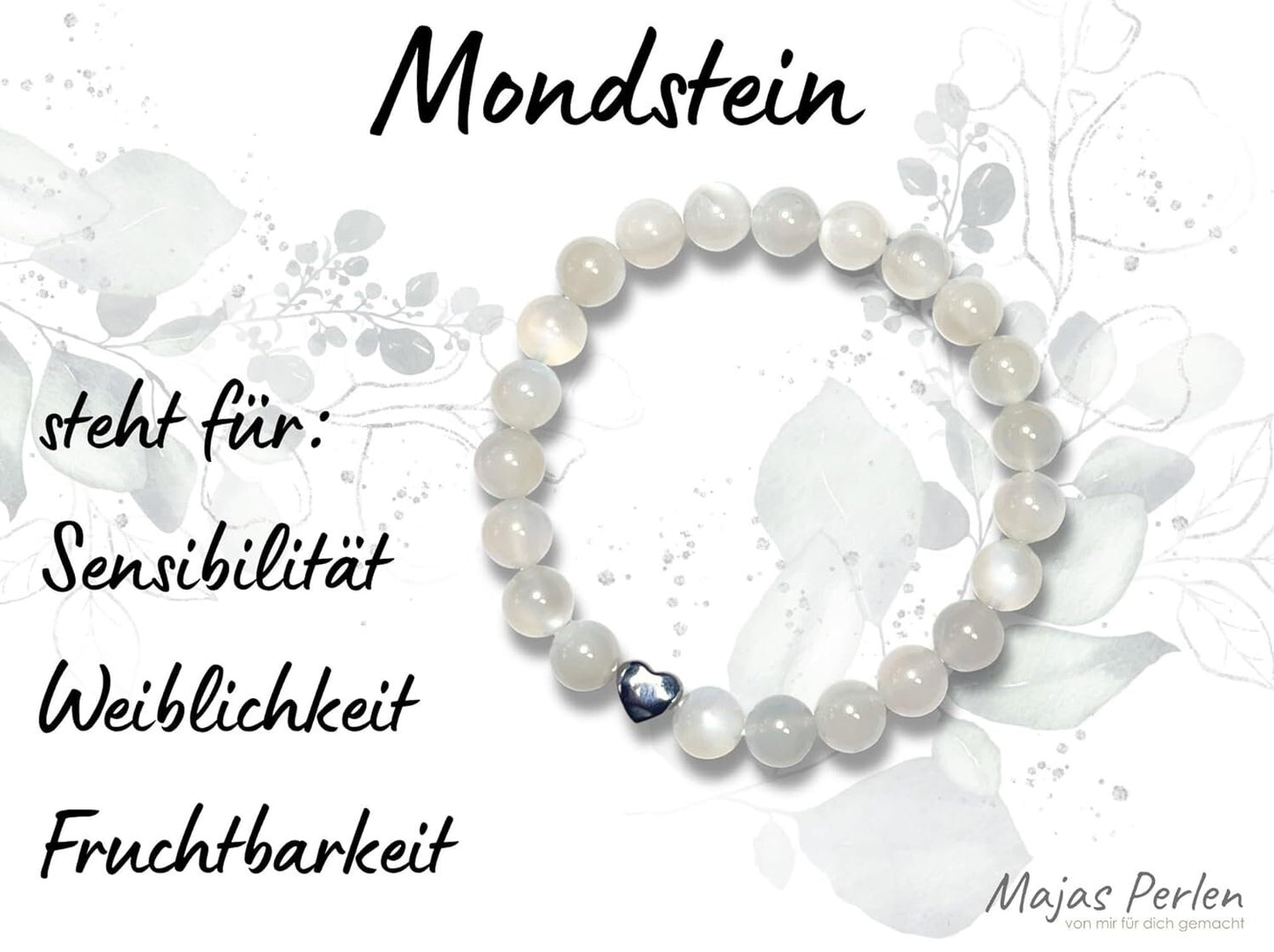 Mondstein Armband echt mit Perlen 8mm und Herzperle Edelstahl Silber Gold Roségold - Perlenarmband Weiblichkeit Fruchtbarkeit - spirituell