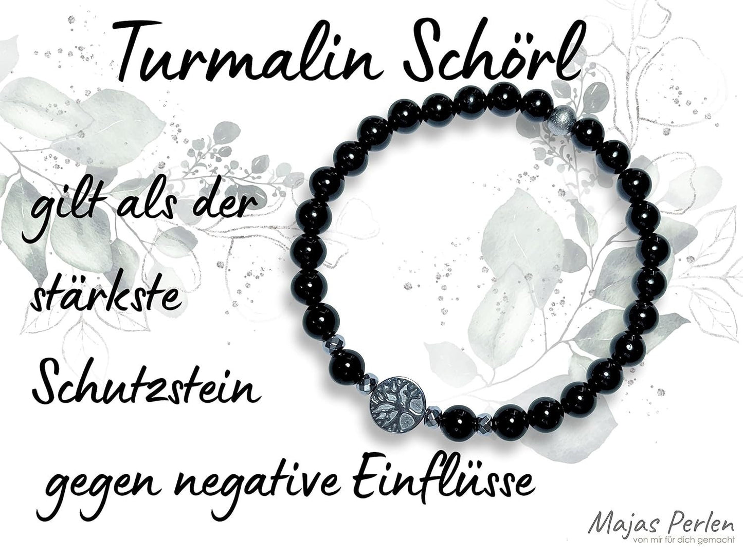 Perlen Turmalin Armband Perlen echt 6mm Lebensbaum Hämatit Silber - Handmade Perlenarmband schwarz für Schutz Kraft und Stärke - unisex