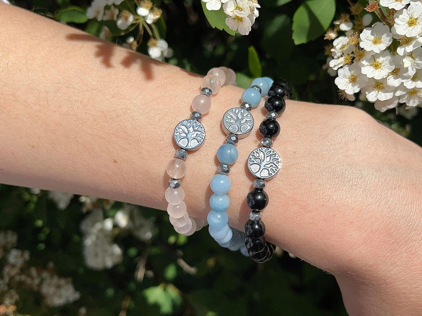 Perlenarmband Amazonit echt 6mm Lebensbaum Hämatit Silber - Handmade Perlenarmband für Geduld Toleranz Beruhigung - unisex