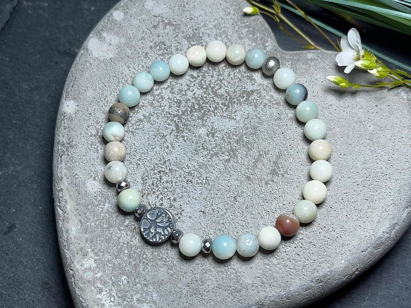 Perlenarmband Amazonit echt 6mm Lebensbaum Hämatit Silber - Handmade Perlenarmband für Geduld Toleranz Beruhigung - unisex