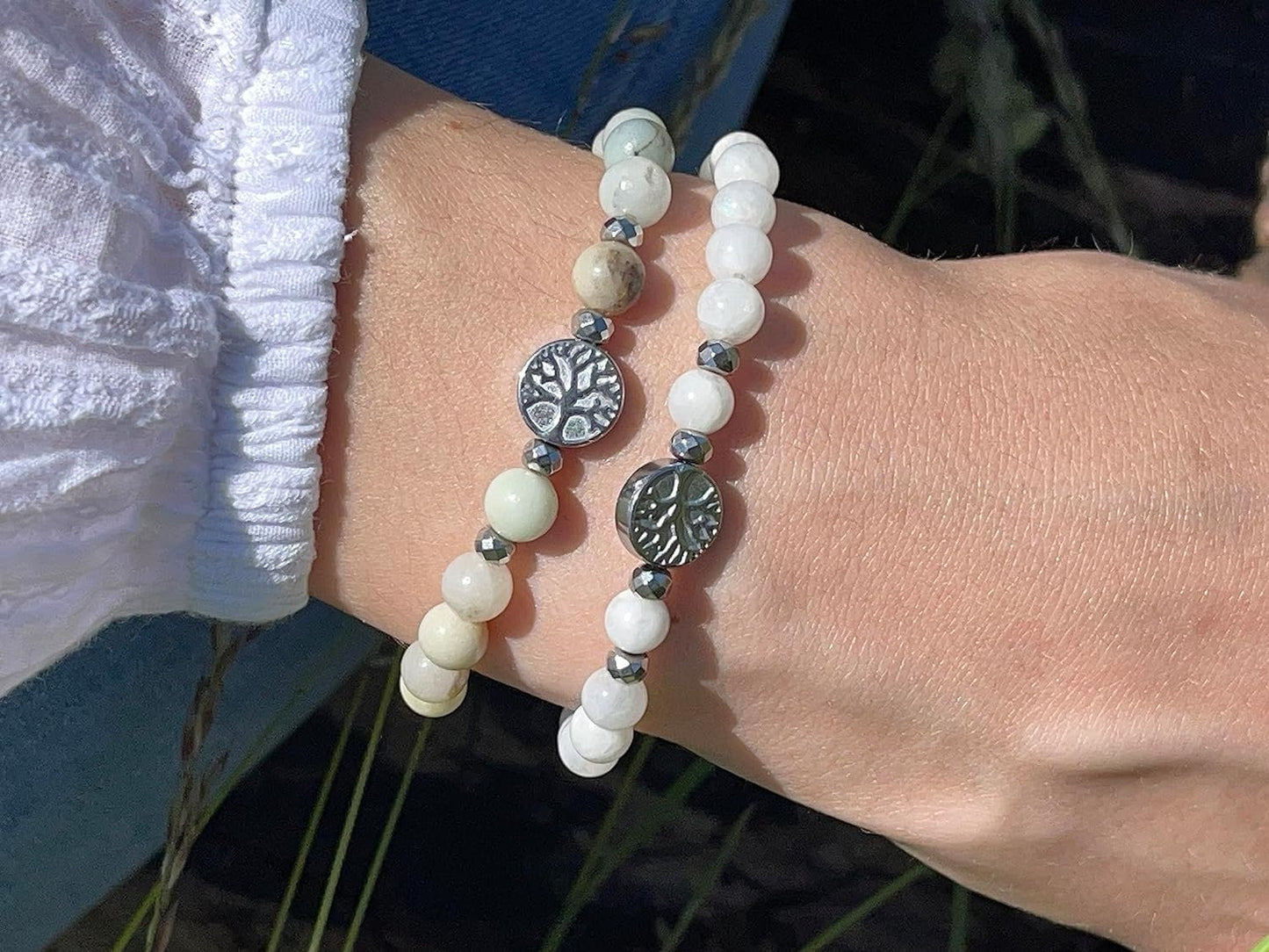 Perlenarmband Amazonit echt 6mm Lebensbaum Hämatit Silber - Handmade Perlenarmband für Geduld Toleranz Beruhigung - unisex