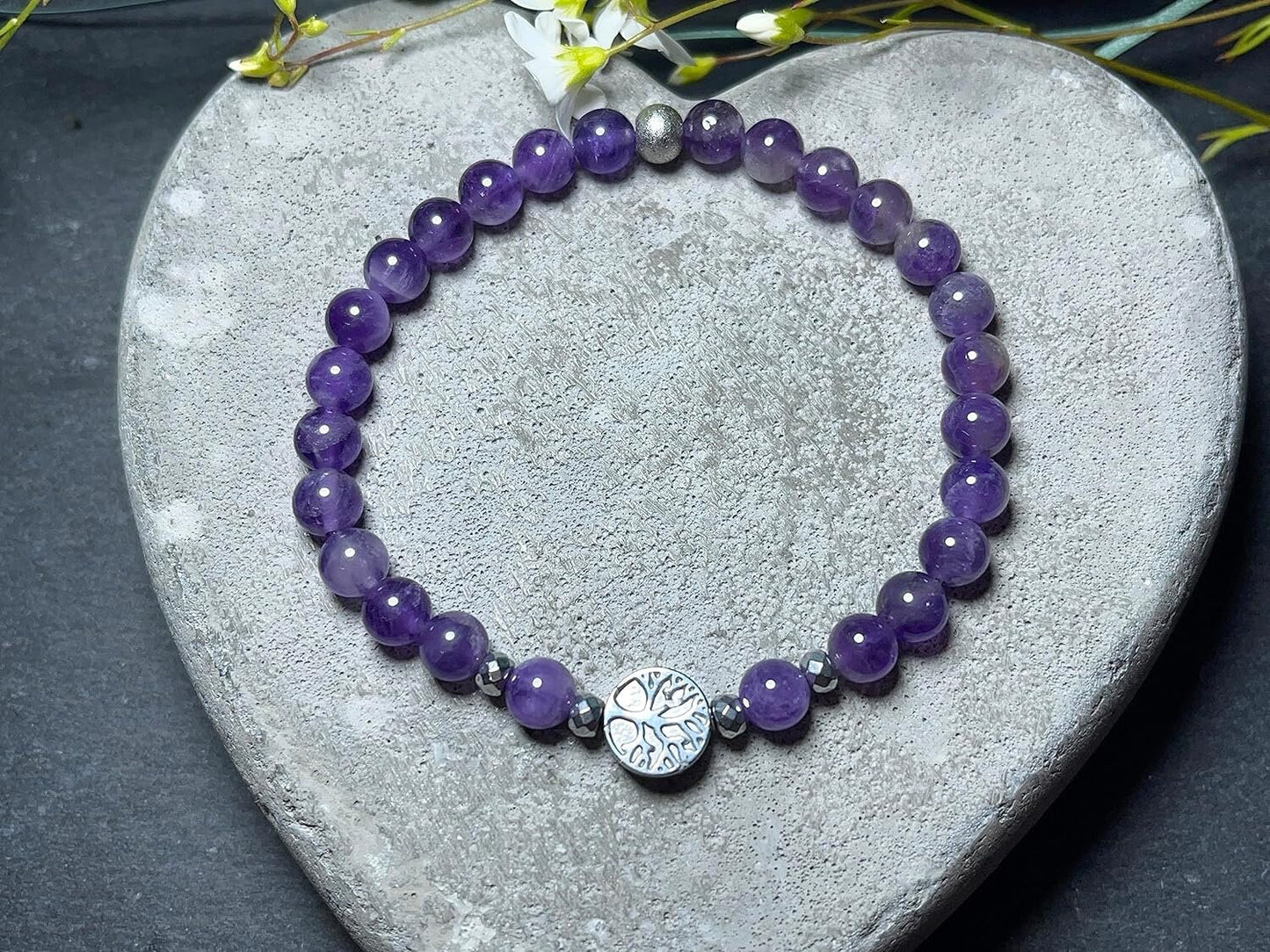 Amethyst Armband Perlen echt 6mm Lebensbaum Hämatit Silber - Handmade Perlenarmband wahre Liebe Inspiration Energie - Spiritueller Schmuck