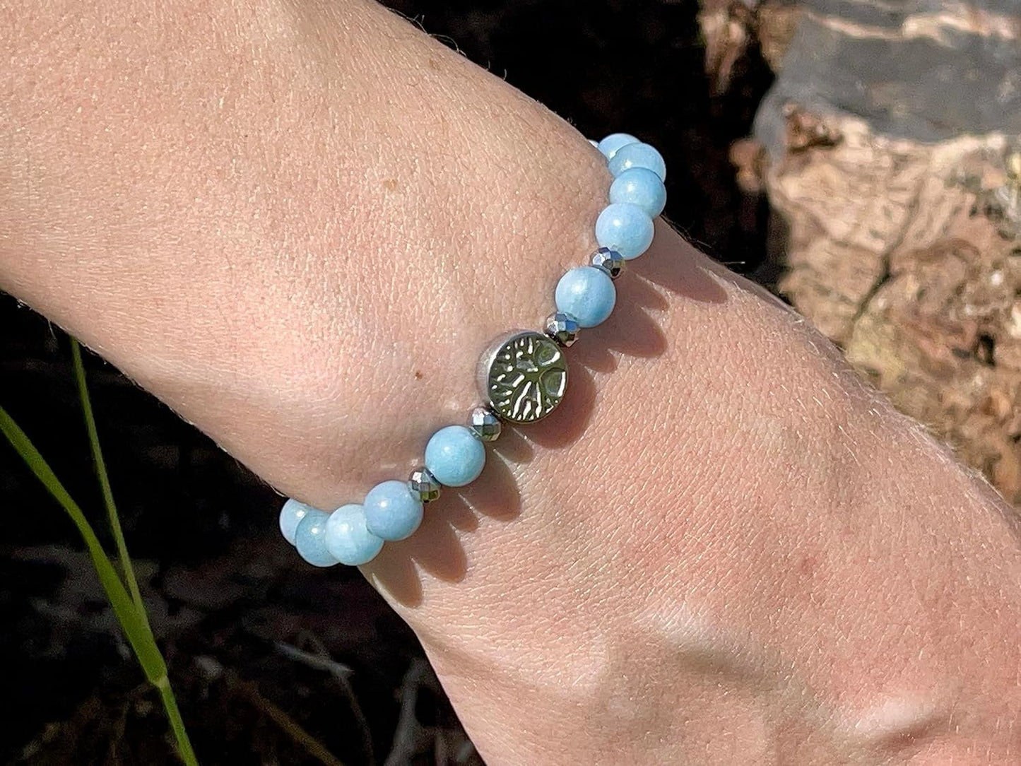 Chalcedon Armband Perlen echt 6mm Lebensbaum Hämatit Silber - Handmade Perlenarmband innere Ruhe Selbstvertauen Aufmerksamkeit - unisex