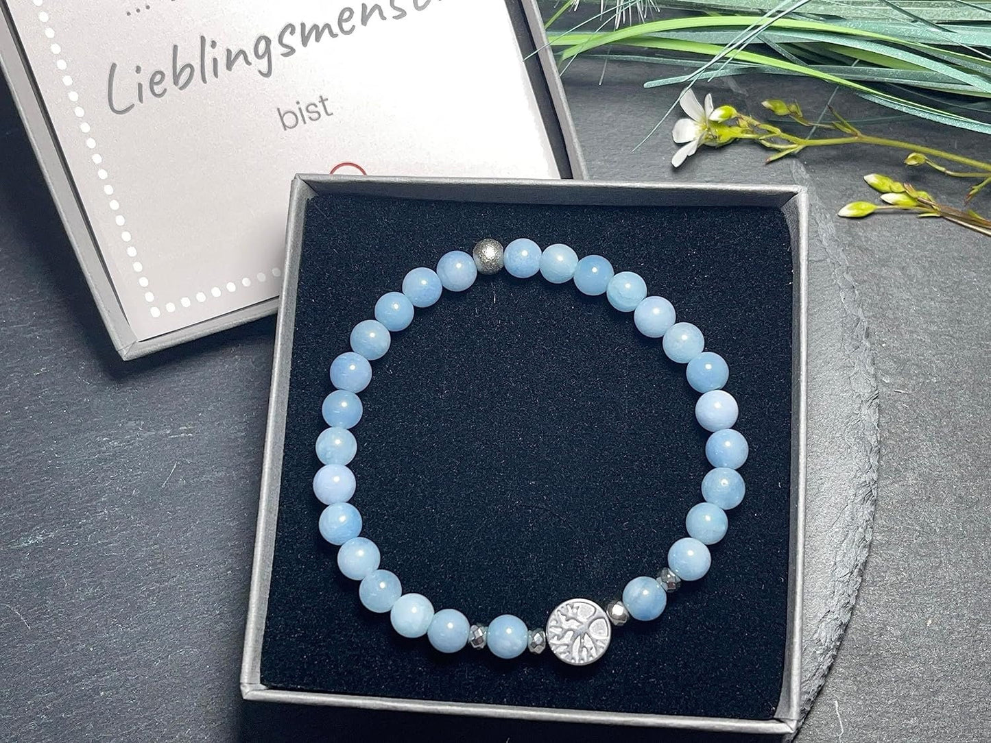 Chalcedon Armband Perlen echt 6mm Lebensbaum Hämatit Silber - Handmade Perlenarmband innere Ruhe Selbstvertauen Aufmerksamkeit - unisex