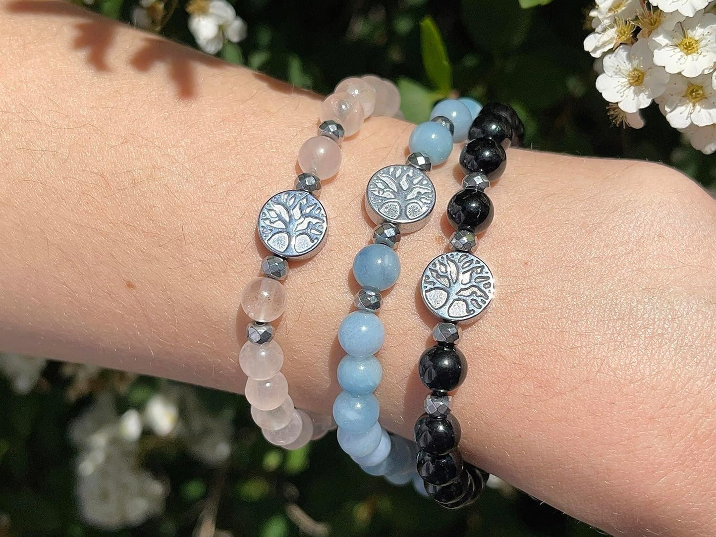 Chalcedon Armband Perlen echt 6mm Lebensbaum Hämatit Silber - Handmade Perlenarmband innere Ruhe Selbstvertauen Aufmerksamkeit - unisex