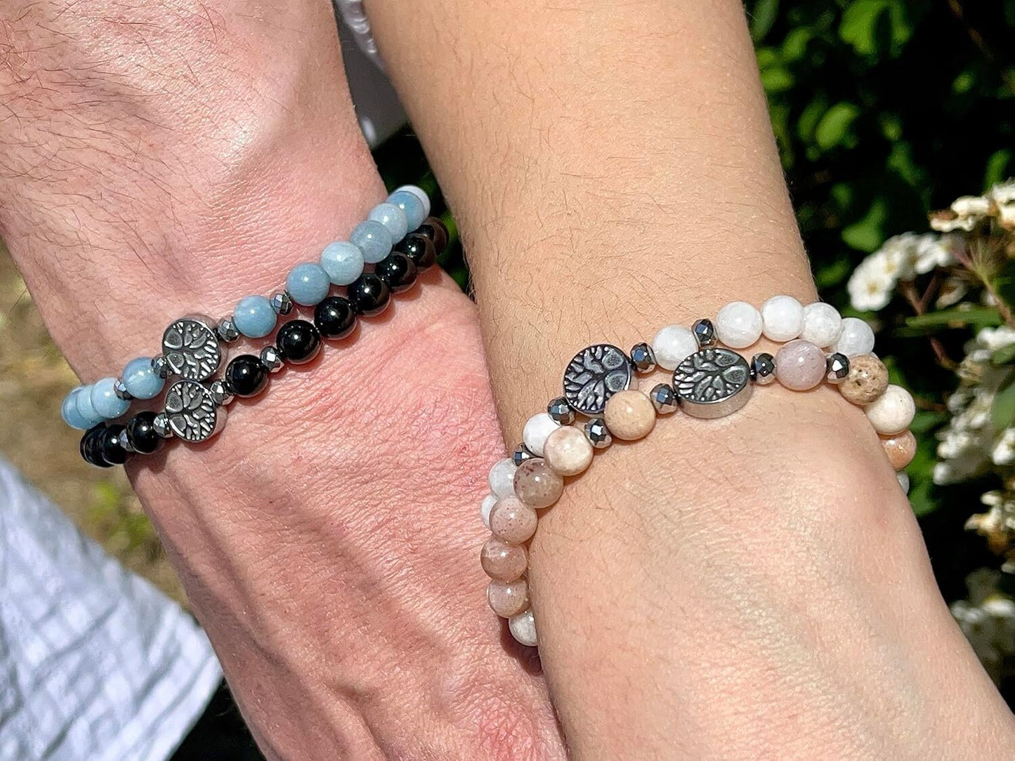 Mondstein Armband echt Perlen Weiß 6mm Lebensbaum Hämatit Silber - Handmade Perlenarmband Sensibilität Fruchtbarkeit Weiblichkeit - unisex