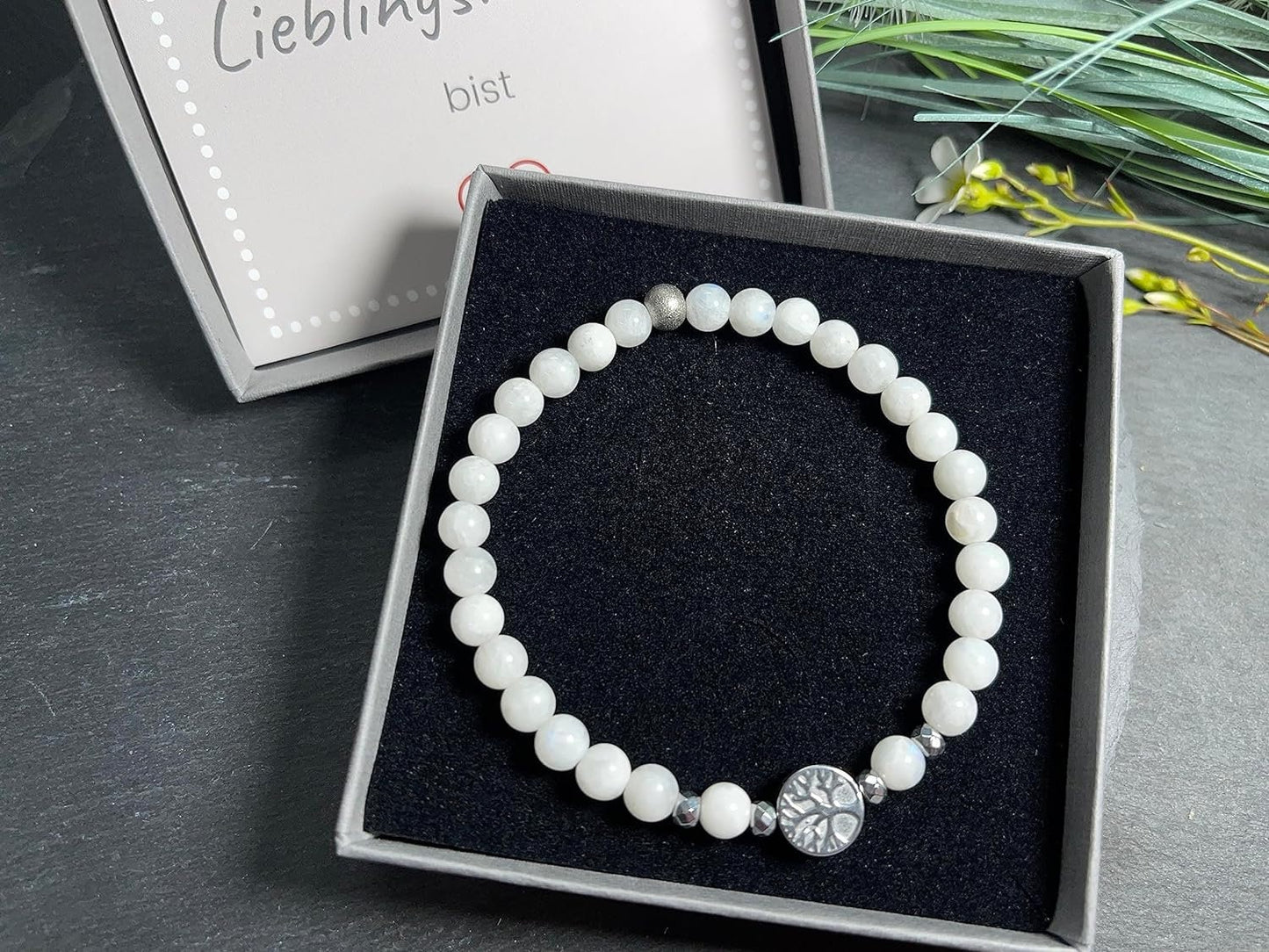 Mondstein Armband echt Perlen Weiß 6mm Lebensbaum Hämatit Silber - Handmade Perlenarmband Sensibilität Fruchtbarkeit Weiblichkeit - unisex