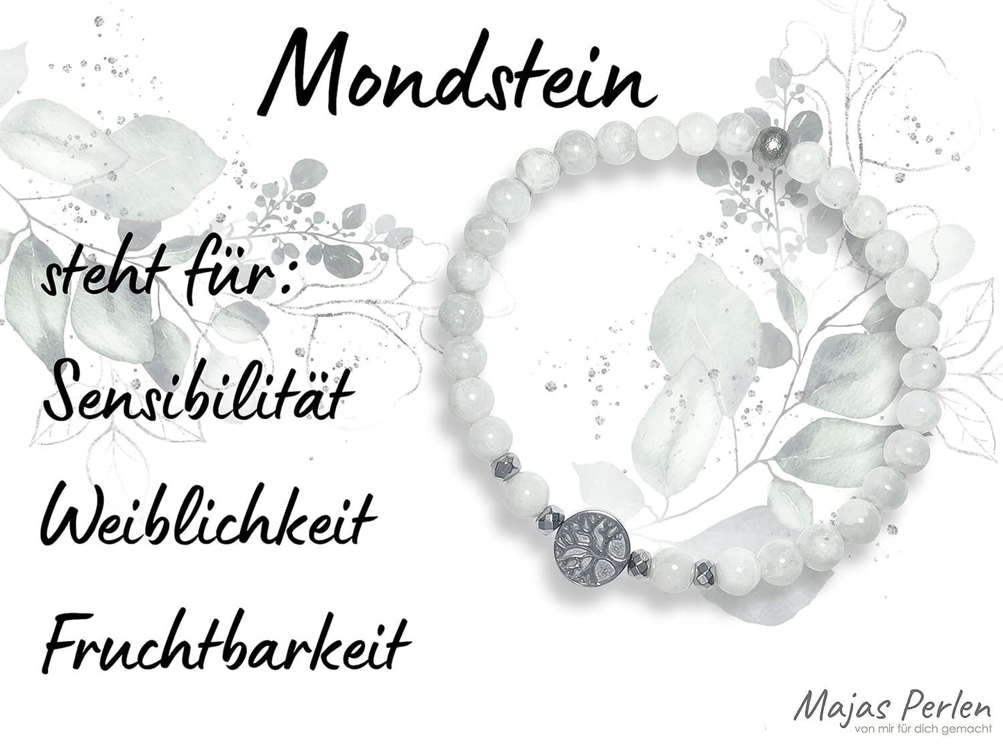 Mondstein Armband echt Perlen Weiß 6mm Lebensbaum Hämatit Silber - Handmade Perlenarmband Sensibilität Fruchtbarkeit Weiblichkeit - unisex